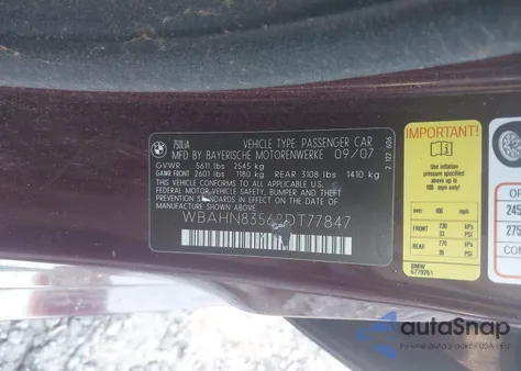 2008 BMW 750Li Li из США, поврежденный, VIN WBAHN83568DT77847